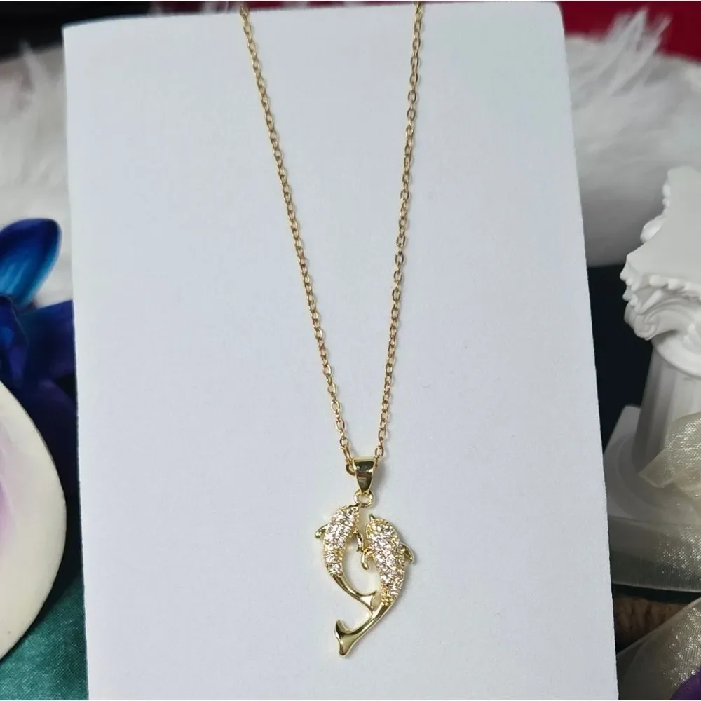Shiny Pave CZ Dolphin Pendant Necklace 18K Gold Plated Stainless Steel Giftable